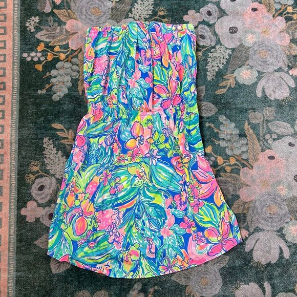 Lilly Pulitzer Windsor Dress Medium Bennet Blue Strapless Floral Pull On Cotton - Picture 13 of 14